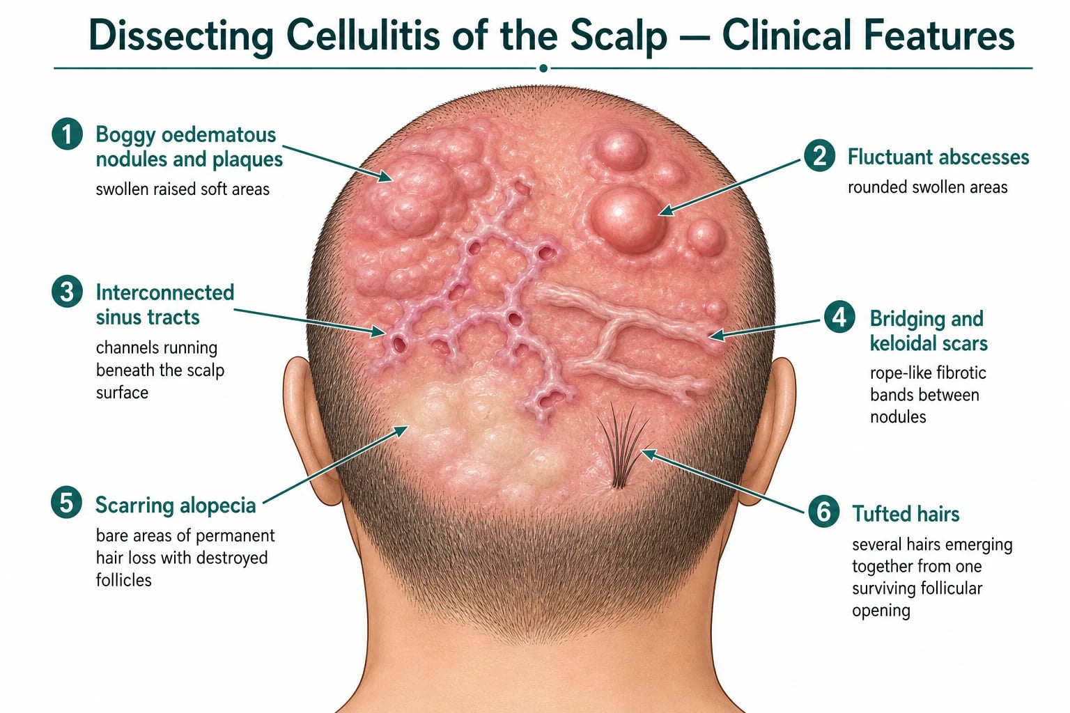 Clinical features of dissecting cellulitis: boggy nodules and plaques, fluctuant abscesses, interconnected sinus tracts, bridging and keloidal scars, scarring alopecia, and tufted hairs on the scalp vertex and occiput