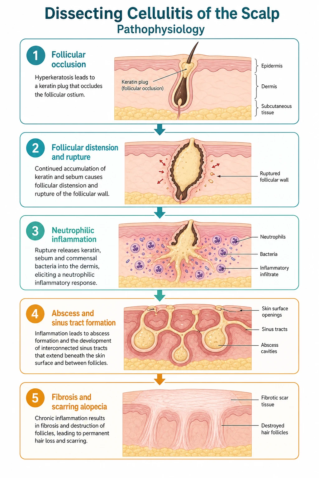 Pathophysiology cascade: follicular occlusion by a keratin plug, follicular distension and rupture, neutrophilic inflammation, abscess and sinus tract formation, fibrosis and scarring alopecia