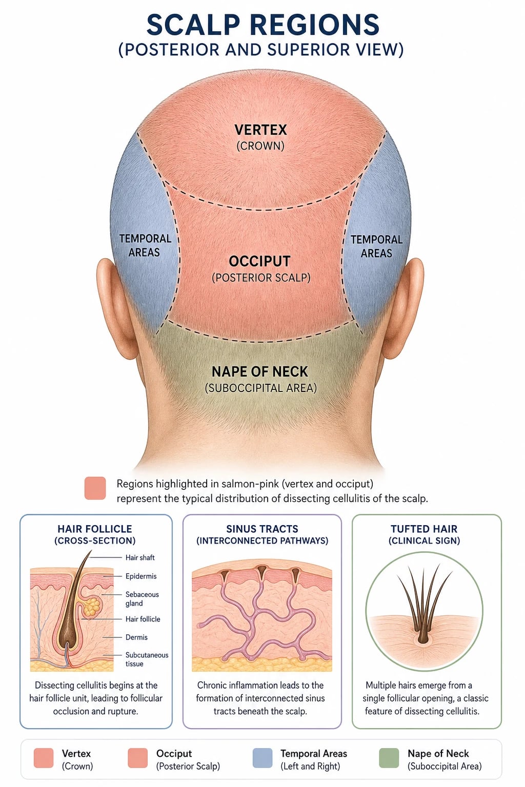 Scalp distribution map showing vertex and occiput as the typical sites of dissecting cellulitis, with a follicle cross-section and sinus tracts