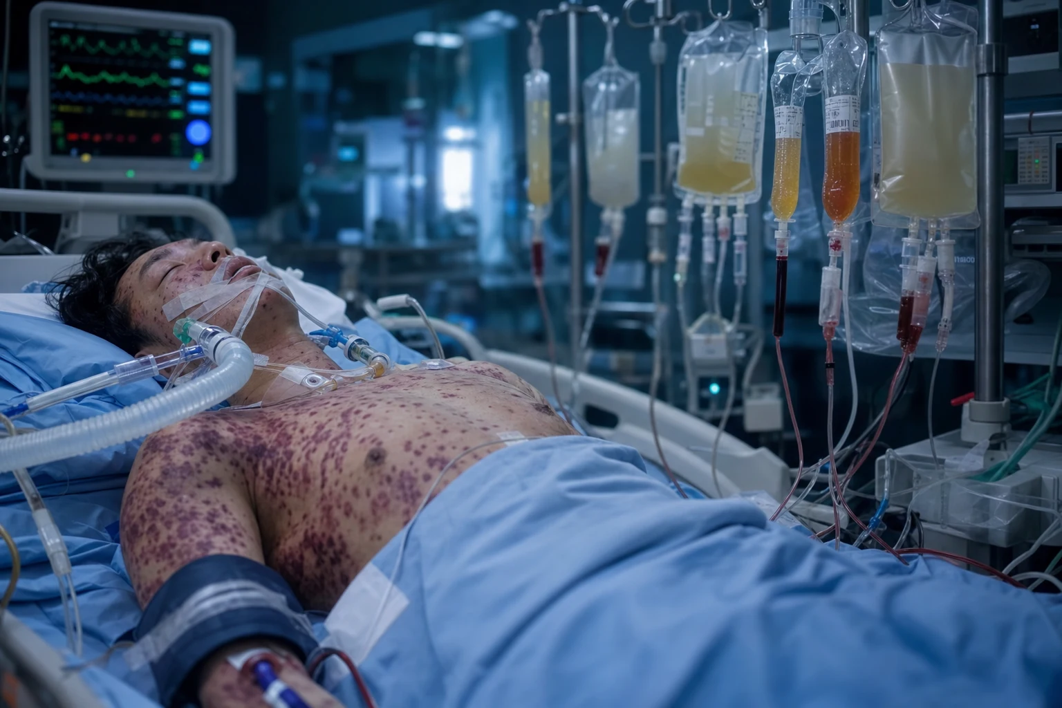 Cinematic ICU scene of a patient with DIC — visible purpura and petechiae on the skin, a cardiac monitor, blood products running — platelets, fresh frozen plasma, cryoprecipitate, clinical-blue lighting, an urgent serious mood