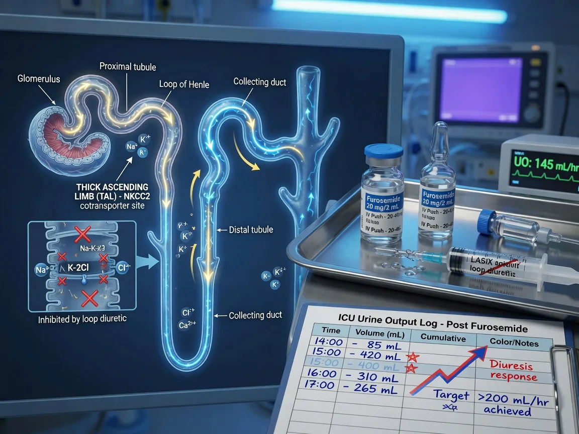 Cinematic ICU scene of a nephron diagram with furosemide blocking the thick ascending limb beside IV loop-diuretic ampoules and a urine output chart, clinical-blue lighting, medical educational, no faces, no text