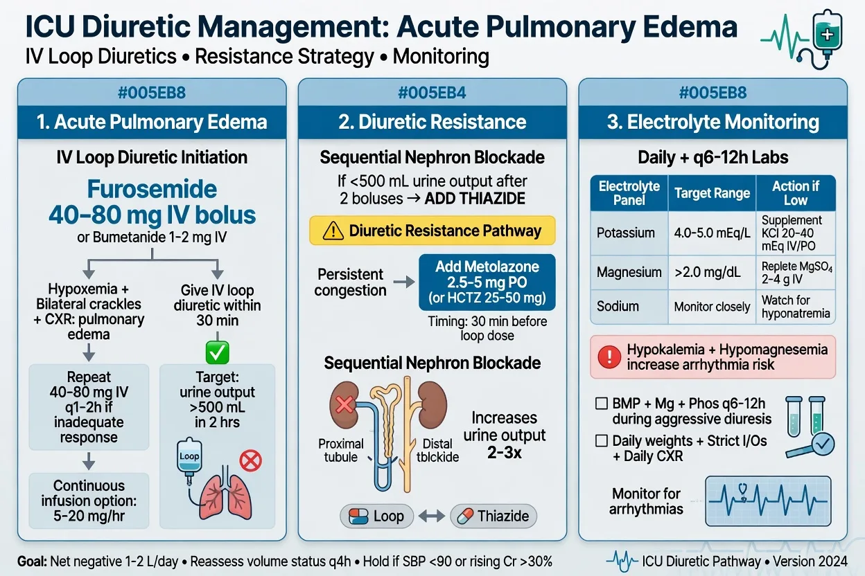 ICU diuretic management pathway for acute pulmonary oedema: IV loop initiation, diuretic resistance with sequential nephron blockade, and electrolyte monitoring