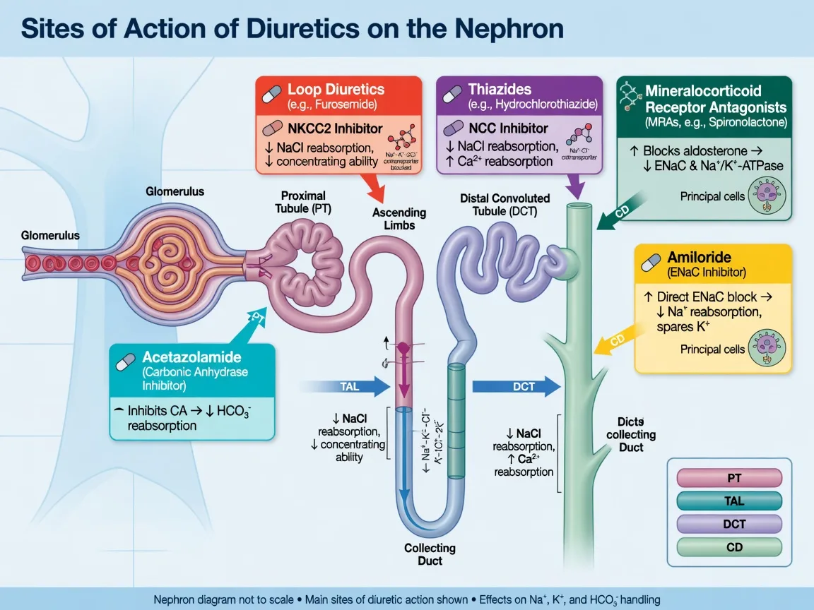 Educational nephron map of diuretic sites of action: acetazolamide proximal tubule, loop diuretics thick ascending limb NKCC2, thiazides distal convoluted tubule, MRA and amiloride collecting duct