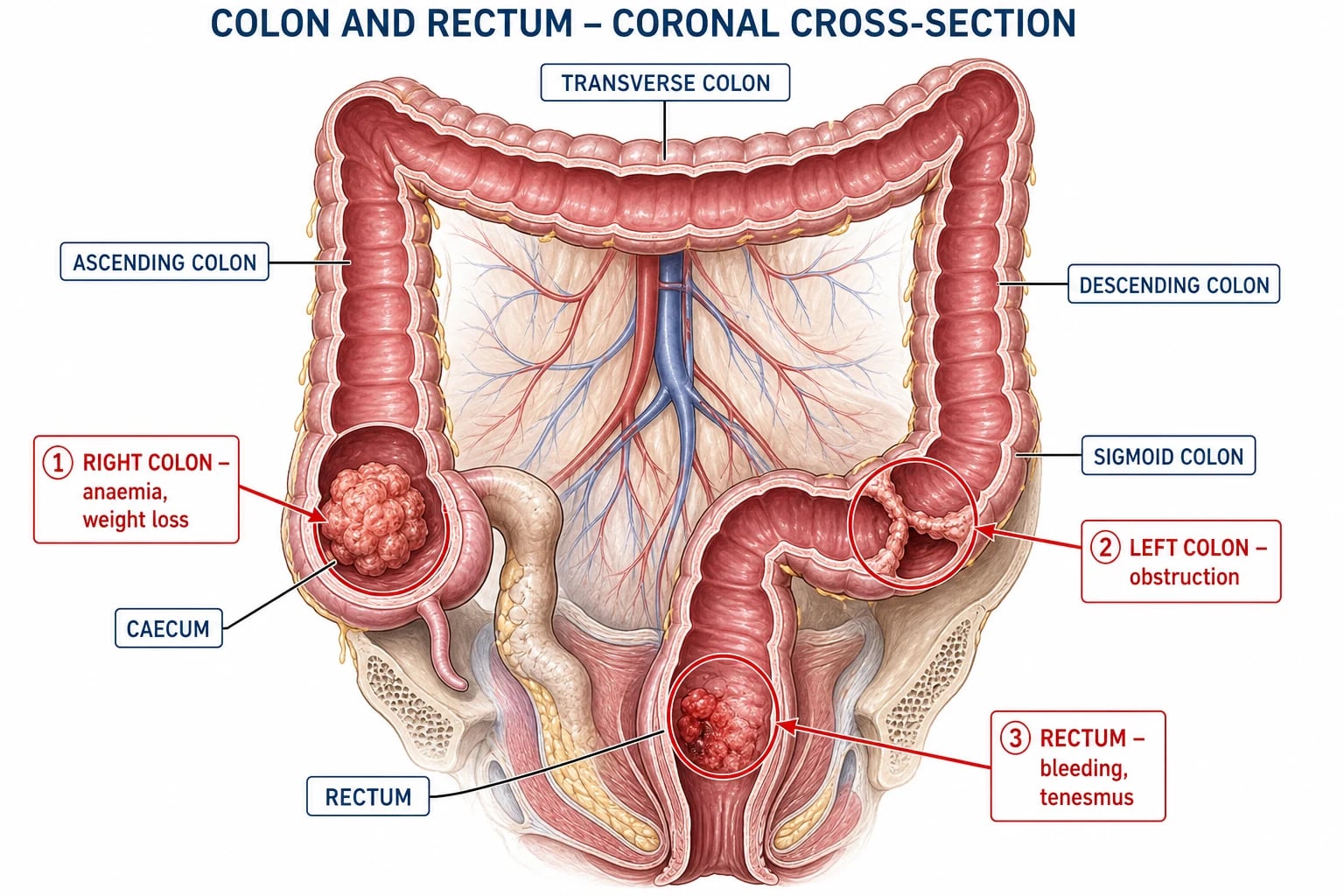 Cinematic clinical photograph of an abdominal CT display showing sigmoid diverticular perforation with free intra-abdominal gas beside a septic patient, ICU setting, clinical-blue lighting, no text, no people