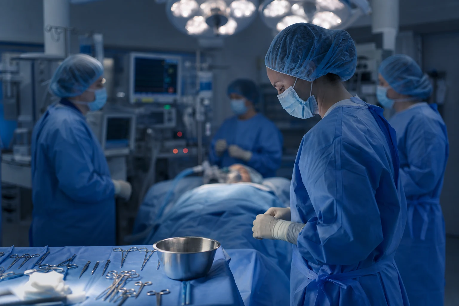 Cinematic ICU scene of organ donation preparation, operating theatre for organ retrieval, clinical-blue lighting, a dignified respectful mood