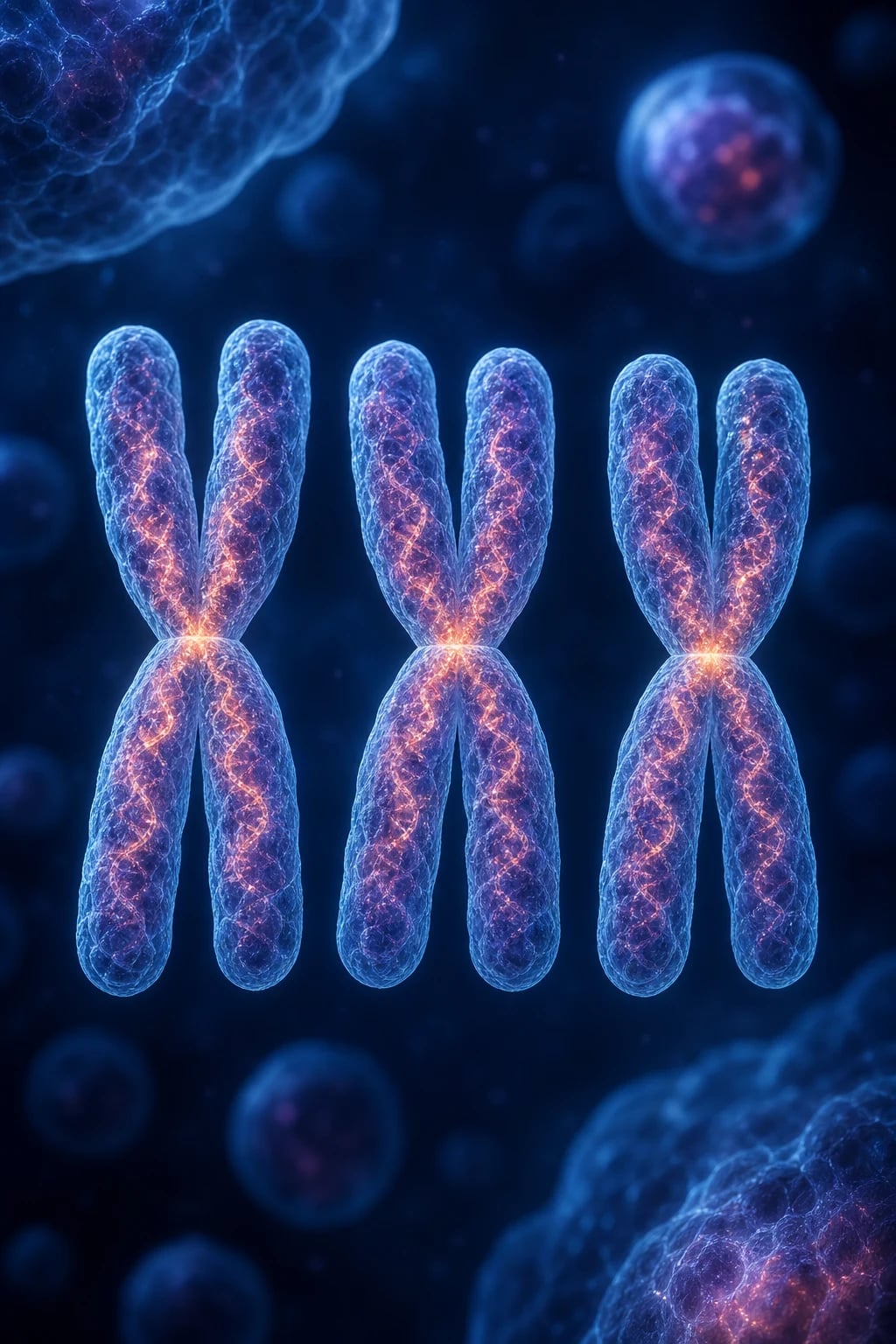 Cinematic illustration of the clinical phenotype and cytogenetics of Down syndrome: a child with characteristic facial features beside a karyotype showing three chromosome 21s, on a deep navy background