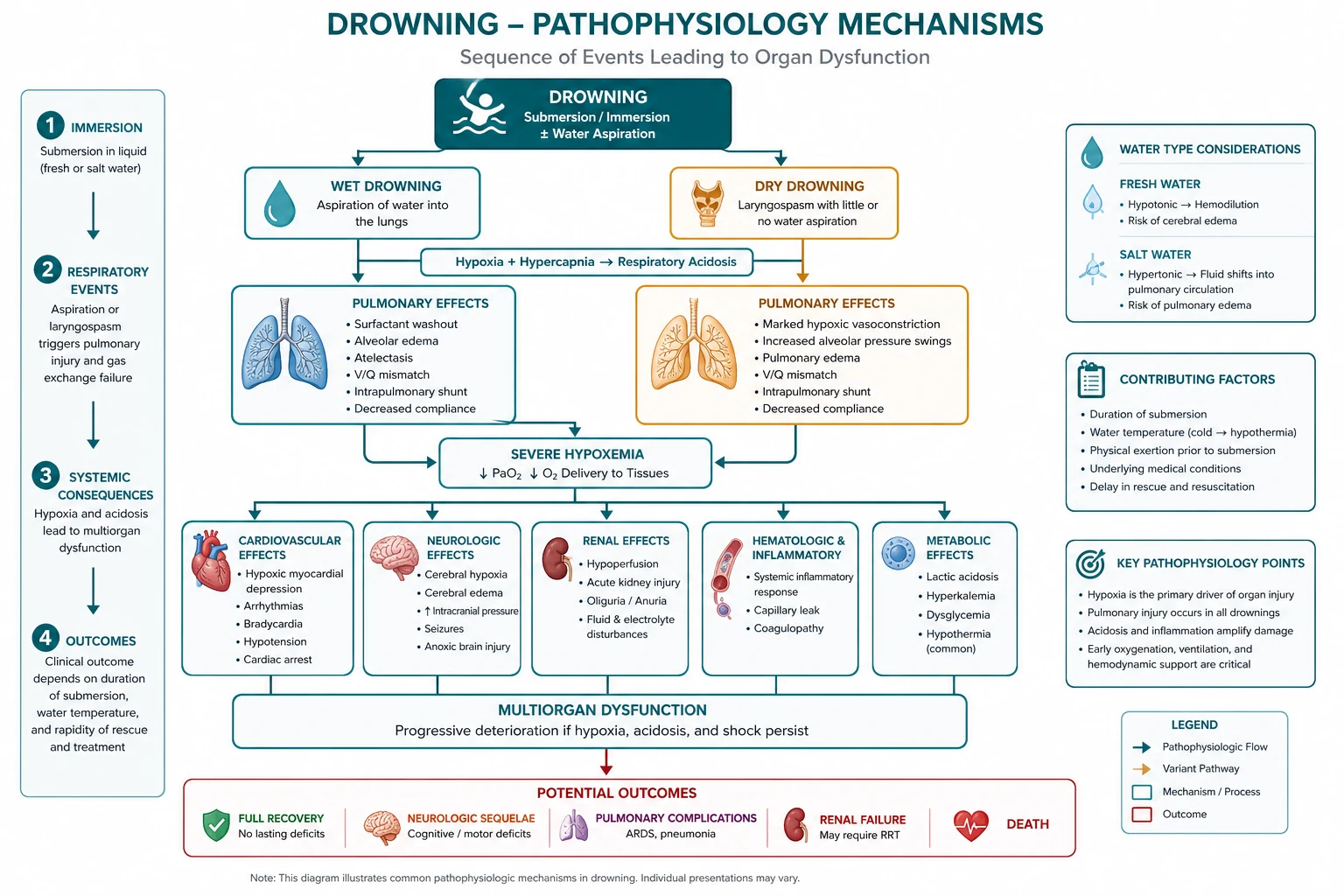 Drowning cascade from laryngospasm and aspiration to surfactant loss, V/Q mismatch and hypoxic arrest