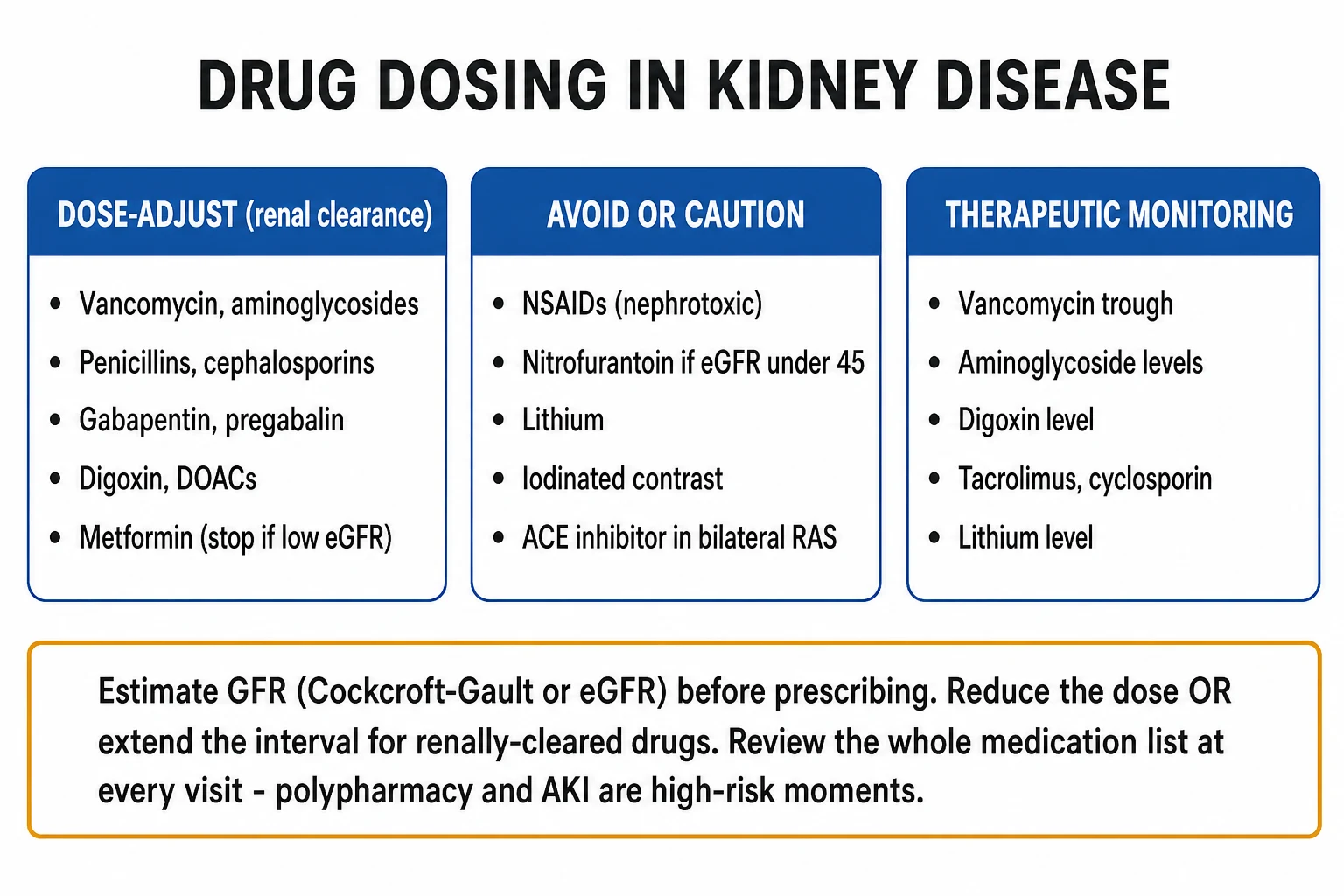 Clean three-column infographic: DOSE-ADJUST drugs, AVOID-or-CAUTION drugs, and THERAPEUTIC-DRUG-MONITORING drugs in kidney disease, each column listing representative agents with eGFR thresholds