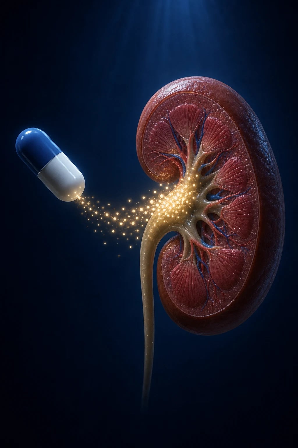 Cinematic 3D render of a kidney beside medication capsules with a slowed clearance stream of glowing drug particles accumulating against a deep navy background