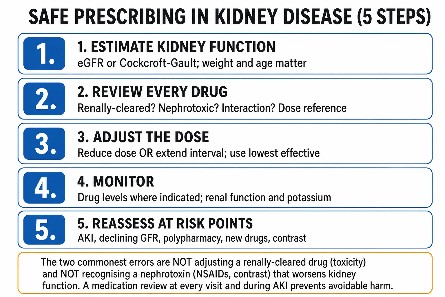 Clean five-step safe-prescribing infographic for kidney disease with dose-adjustment methods and TDM monitoring
