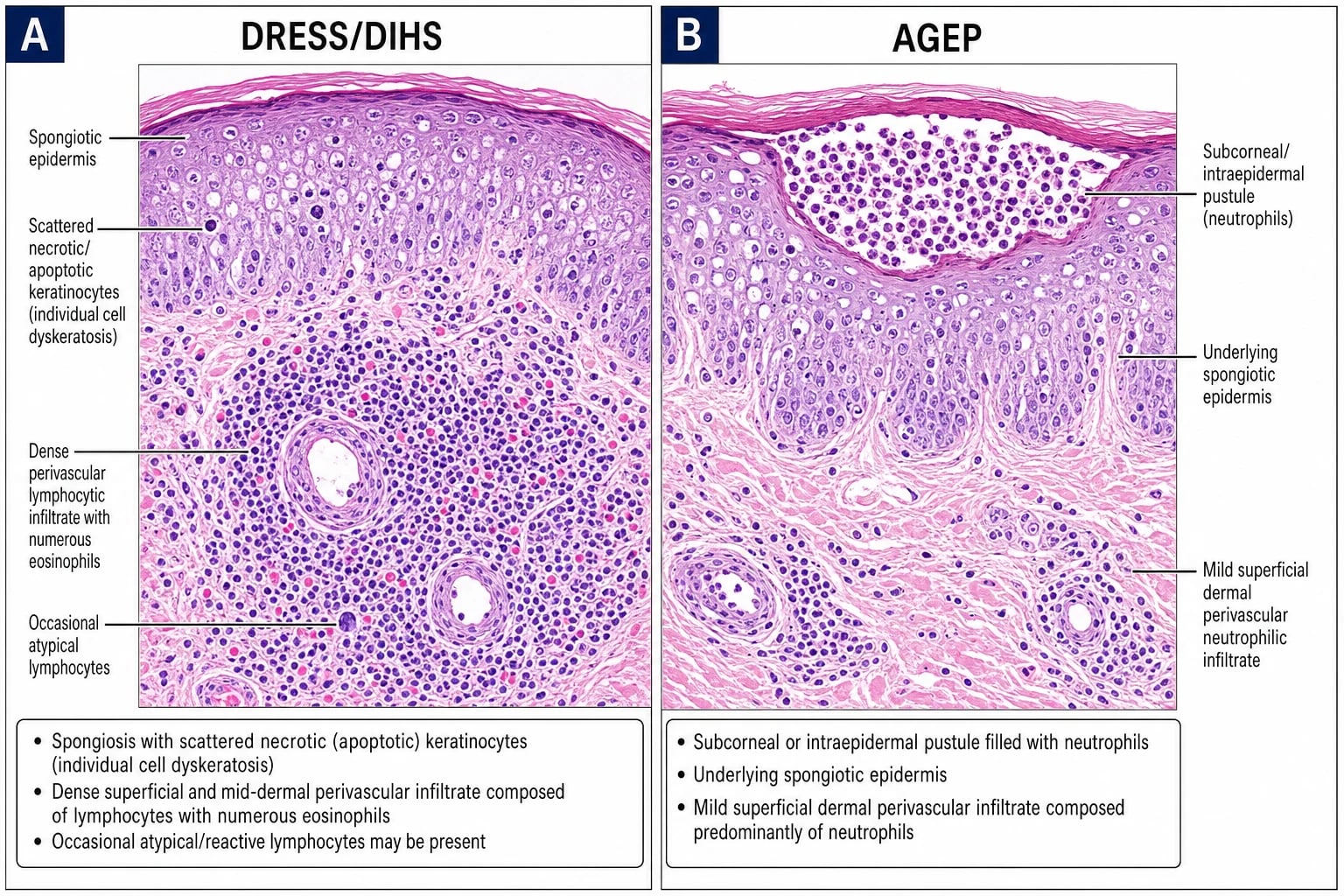 Two-panel H&E histopathology: DRESS showing spongiotic epidermis with eosinophils and necrotic keratinocytes, and AGEP showing a subcorneal pustule filled with neutrophils