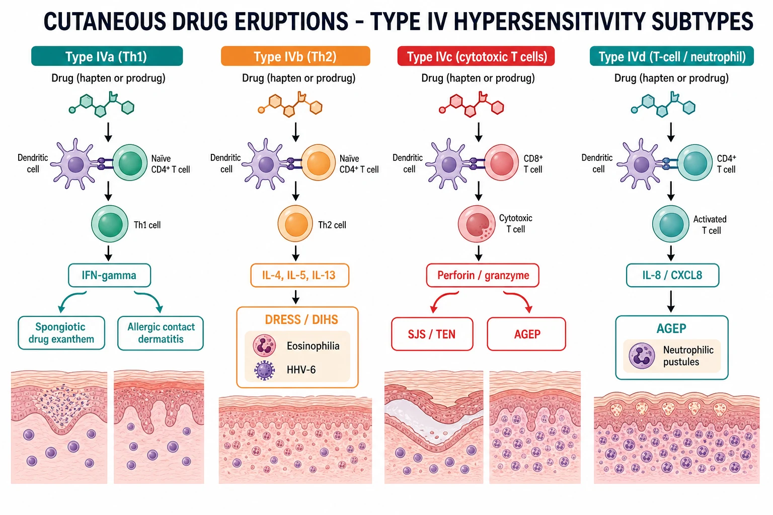 Diagram of the four Type IV hypersensitivity subtypes (IVa Th1, IVb Th2, IVc cytotoxic, IVd neutrophilic) and their resulting cutaneous drug eruption patterns