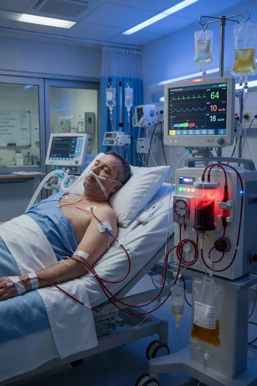 Cinematic ICU scene of a medication chart being reviewed at the bedside with nephrotoxic drugs flagged — NSAIDs, an aminoglycoside, vancomycin, contrast and an ACE inhibitor — a urine microscopy slide showing muddy-brown casts on a screen, clinical-blue lighting, medical educational, no faces, no text