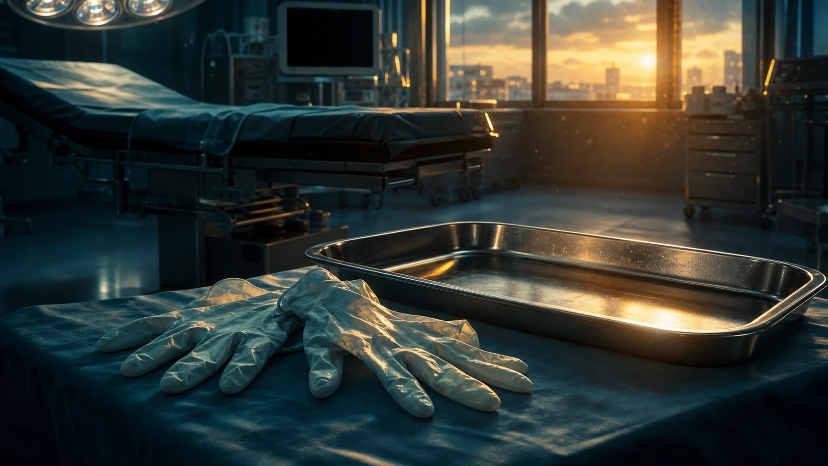 Cinematic ICU scene of a nephron diagram on a screen beside a drug-synergy review at the bedside, balanced crystalloid and pre-procedure saline hanging, a vancomycin and aminoglycoside therapeutic-drug-monitoring chart, clinical-blue lighting, medical educational, no faces, no text