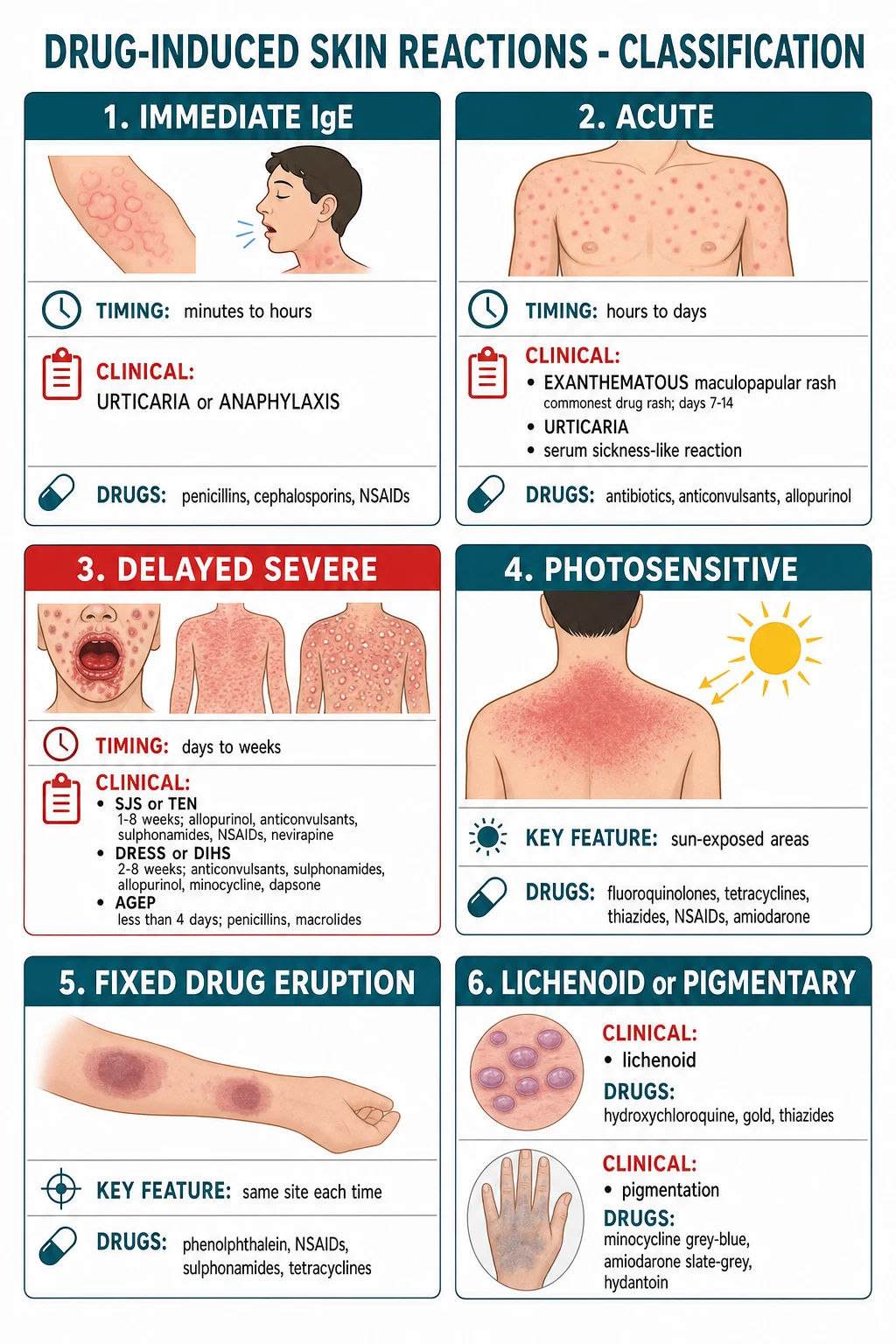 Classification of cutaneous adverse drug reactions by timing and morphology: immediate IgE (urticaria, anaphylaxis), acute (exanthem), delayed severe (SJS/TEN 1-8 wk, DRESS 2-8 wk, AGEP under 4 d), photosensitive, fixed drug eruption, lichenoid/pigmentary