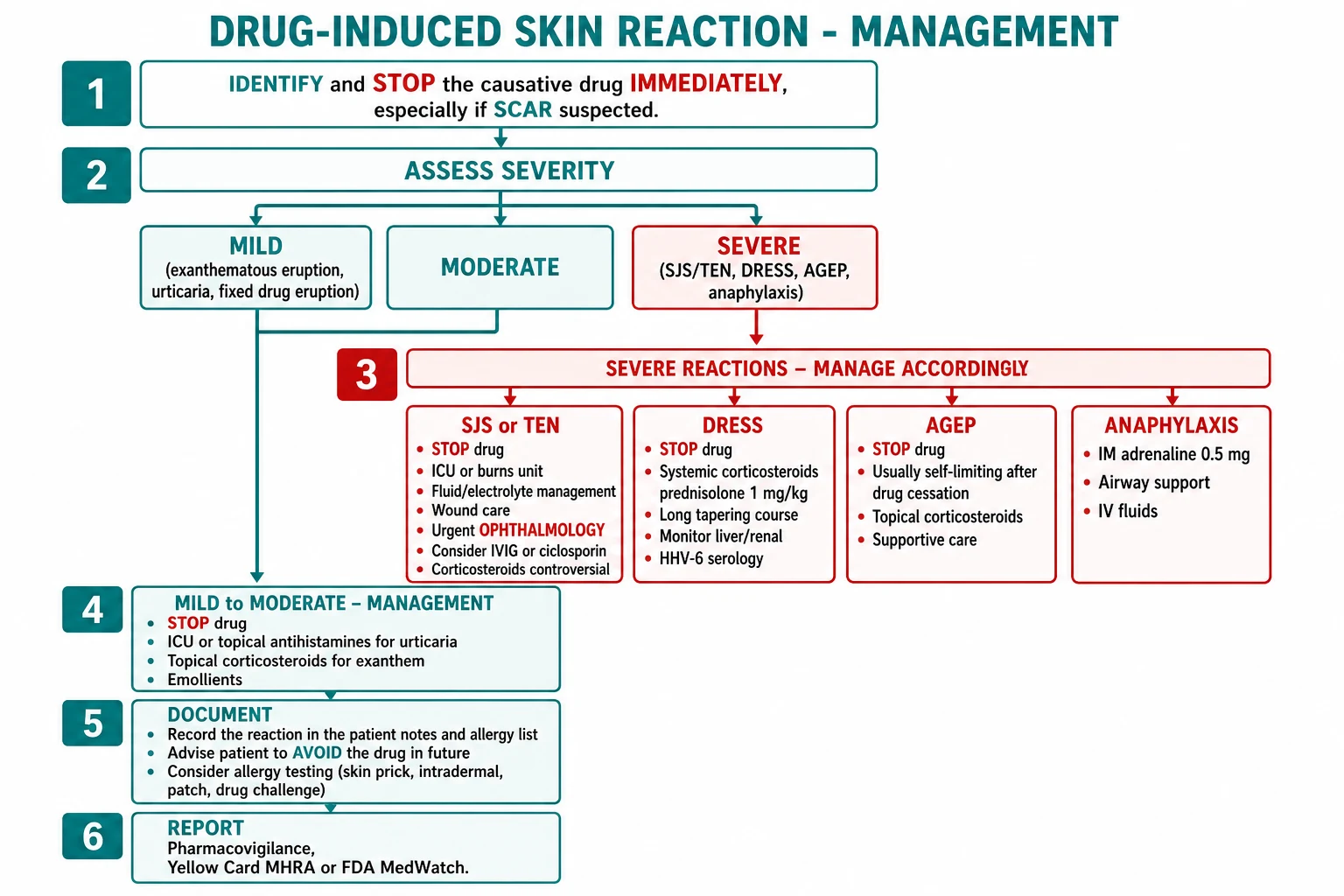 Management decision tree: identify and STOP causative drug, assess severity, mild reactions treated with antihistamines and topical corticosteroids, severe reactions SJS/TEN to ICU/burns/ophthalmology, DRESS systemic corticosteroids, AGEP supportive, anaphylaxis IM adrenaline, document allergy and report via pharmacovigilance