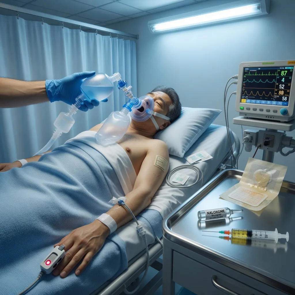 Cinematic ICU scene of an unconscious patient with pinpoint pupils and a slow respiratory rate, a naloxone ampoule drawn up, bag-valve-mask ventilation in progress, a fentanyl patch and drug paraphernalia on the trolley, clinical-blue lighting, no faces, no text