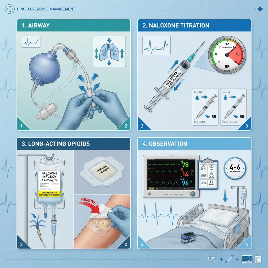 Educational management infographic for opioid overdose: airway and bag-valve-mask first, naloxone titrated to respiratory rate, infusion and patch removal for long-acting opioids, prolonged observation for re-sedation