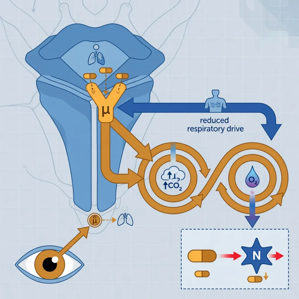 Educational infographic of opioid overdose pathophysiology: mu-receptor agonism in the medullary respiratory centre, reduced respiratory drive, hypercapnia–hypoxia spiral, miosis via Edinger-Westphal, and naloxone competing at the mu receptor