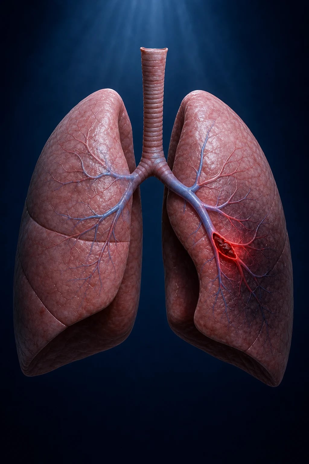 Cinematic ICU scene of a CT pulmonary angiogram on the screen showing a saddle pulmonary embolism, a thrombolysis infusion running, an echocardiogram showing a dilated right ventricle, clinical-blue lighting, no faces, no text