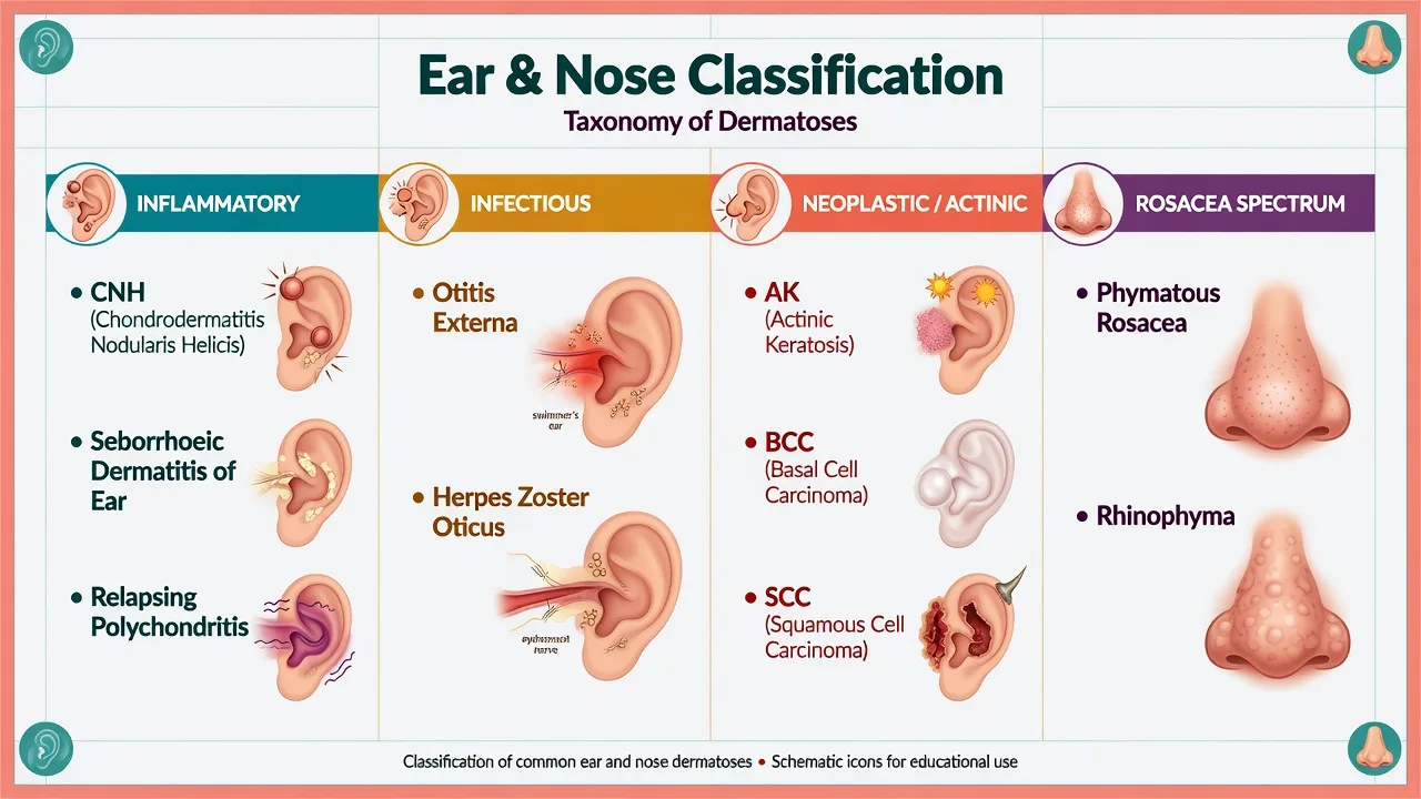 Four-column taxonomy of ear and nose dermatoses: inflammatory, infectious, neoplastic-actinic, rosacea spectrum