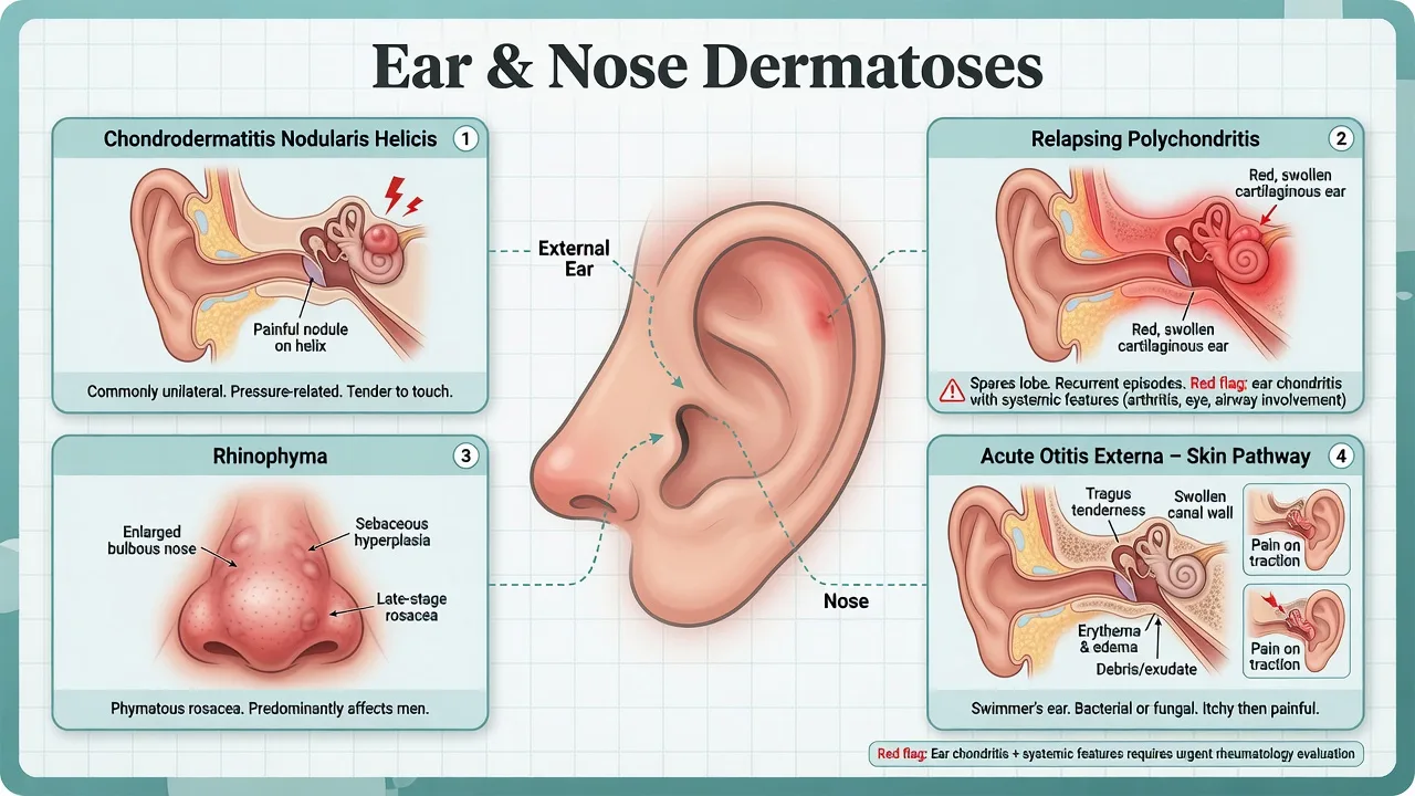 Educational overview of ear and nose dermatoses including CNH, relapsing polychondritis, rhinophyma and otitis externa