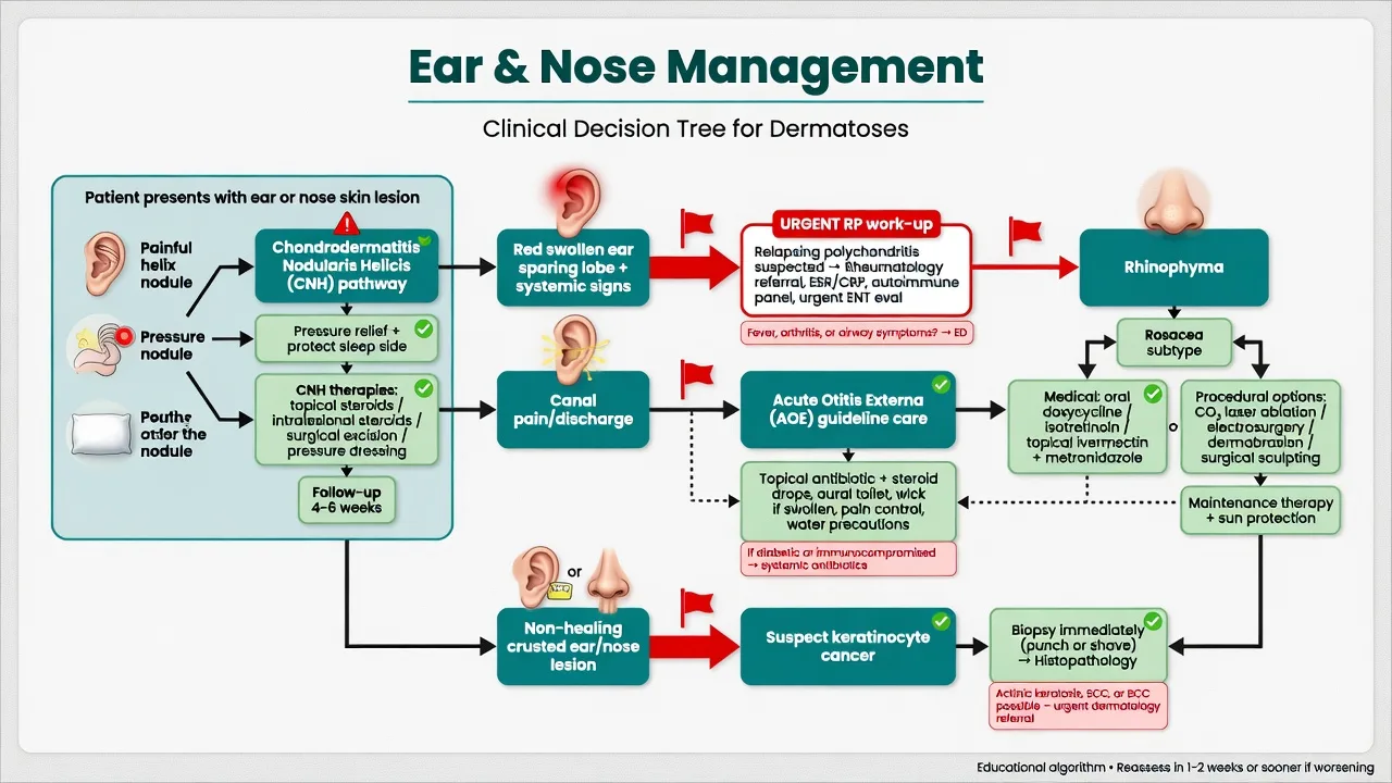 Management algorithm for ear and nose dermatoses covering CNH, RP, AOE, rhinophyma and biopsy pathways