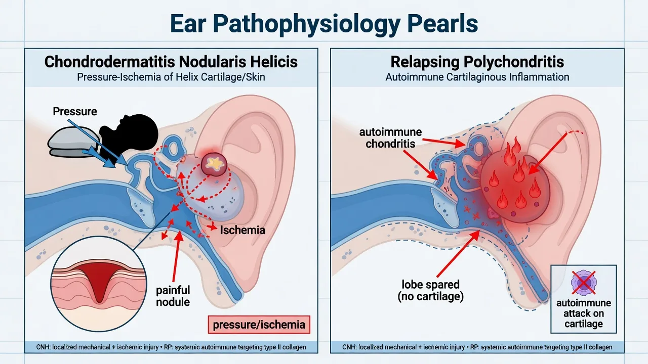 Pathophysiology comparison of CNH pressure-ischaemia versus relapsing polychondritis autoimmune chondritis with lobe sparing