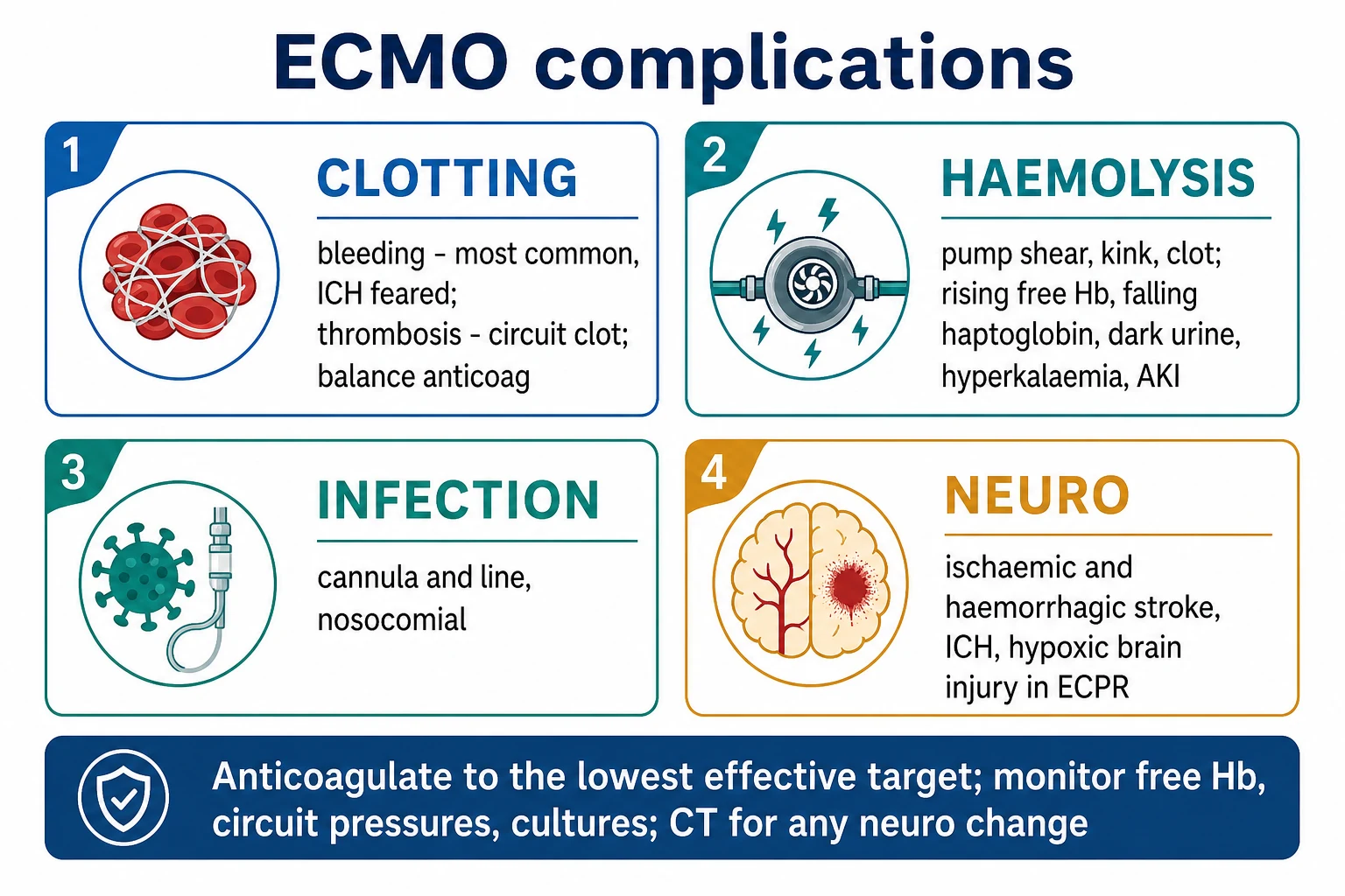 Four-box 2x2 grid infographic on a white clinical-blue background: CLOTTING (bleeding - most common, ICH feared; thrombosis - circuit clot; balance anticoag), HAEMOLYSIS (pump shear, kink, clot; rising free Hb, falling haptoglobin, dark urine, hyperkalaemia, AKI), INFECTION (cannula and line, nosocomial), NEURO (ischaemic and haemorrhagic stroke, ICH, hypoxic brain injury in ECPR); bottom banner 'Anticoagulate to the lowest effective target; monitor free Hb, circuit pressures, cultures; CT for any neuro change'. Flat vector illustration, crisp typography.