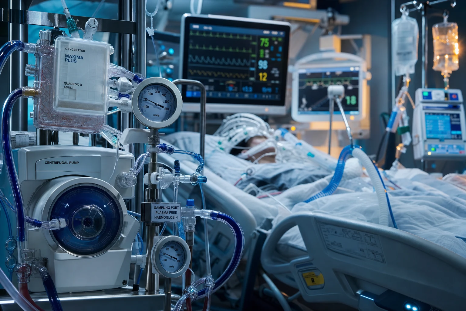 Cinematic ICU scene of an ECMO circuit at the bedside with a centrifugal pump and oxygenator, pressure gauges, a sampling port for plasma-free haemoglobin, beside an intubated patient with a cardiac monitor, intracranial-pressure and cerebral-monitoring leads, a transfusion and antibiotic set up, clinical-blue lighting