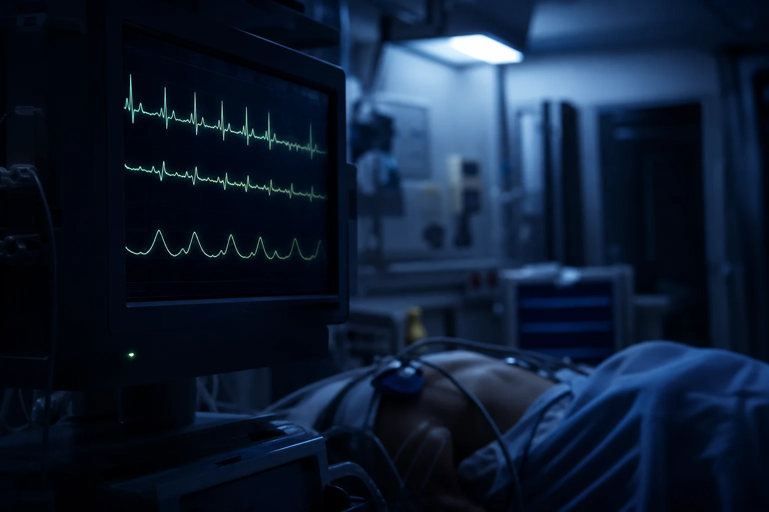 Cinematic ICU still-life of four labelled electrolyte infusion bags (potassium chloride, magnesium sulfate, calcium gluconate, phosphate) on a drip stand with clinical-blue lighting, serious calm mood, no text overlay, no faces