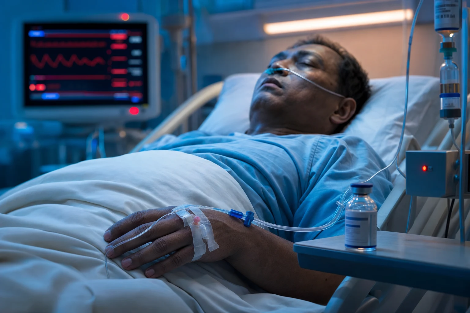 Cinematic ICU scene of a hypotensive unwell patient with faint darker pigmentation on the skin creases, an IV hydrocortisone vial and a noradrenaline infusion set up, a vital-signs monitor showing a low blood pressure with a red warning glow, clinical-blue lighting