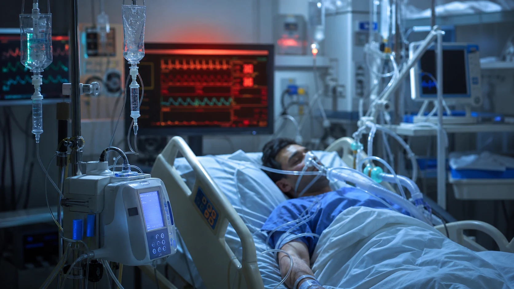 Cinematic ICU scene of a critically-ill patient connected to multiple IV drips, a vital-signs monitor with a faint red warning glow suggesting abnormal biochemistry, an insulin and hydrocortisone bag at the bedside, clinical-blue lighting