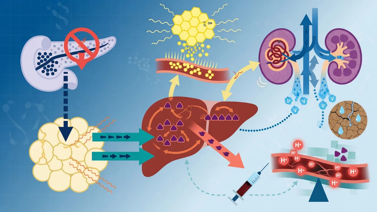 Pathophysiology diagram: insulin deficiency plus counter-regulatory hormone excess driving hyperglycaemia, lipolysis and ketogenesis, with arrows to osmotic diuresis, dehydration, high-anion-gap acidosis and total-body potassium depletion