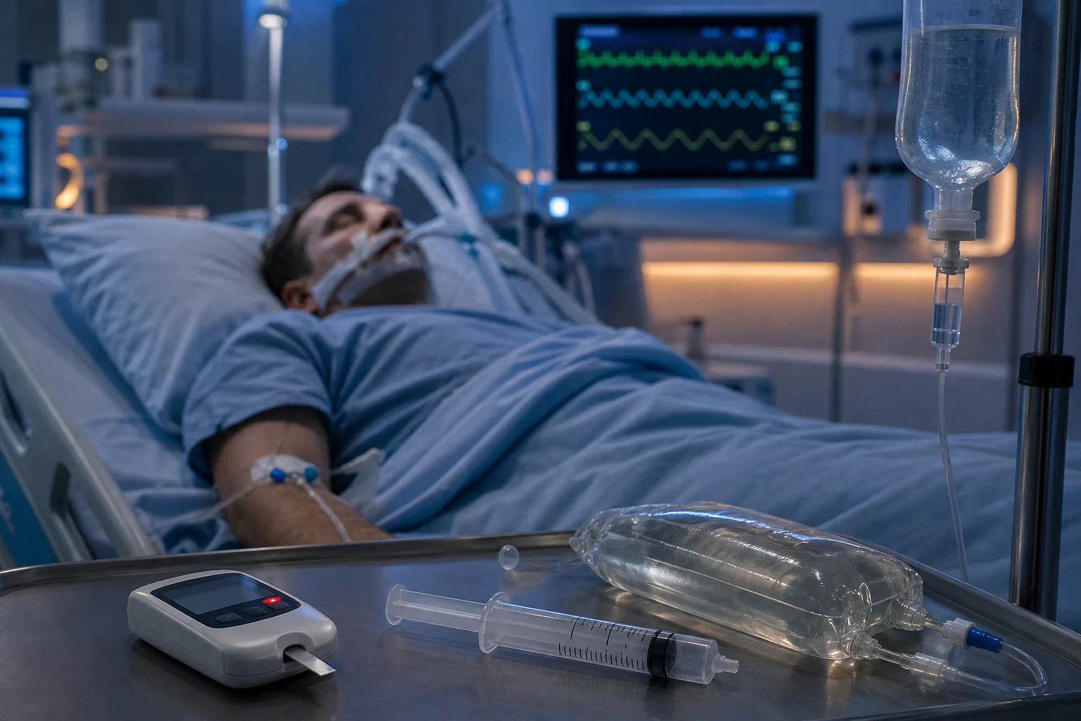 Cinematic ICU scene of an unconscious patient, a bedside glucometer with a red warning indicator suggesting a low reading, a dextrose syringe and IV dextrose bag ready, vital-signs monitor glowing behind in clinical-blue light