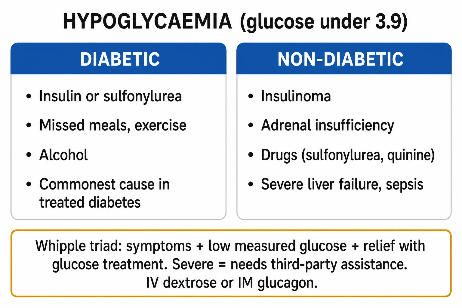 Management algorithm for severe hypoglycaemia in ICU: check glucose, 25 g IV dextrose bolus, glucagon if no IV access, continuous dextrose infusion for sulfonylurea with octreotide, recheck and treat cause, clinical educational infographic