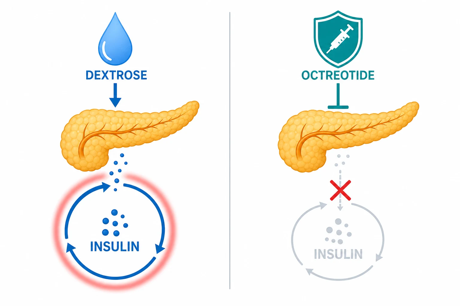 Two side-by-side panels: left a dextrose droplet feeding a pancreas releasing an insulin loop with a red warning ring; right an octreotide shield blocking the pancreas insulin release, on a white clinical-blue background