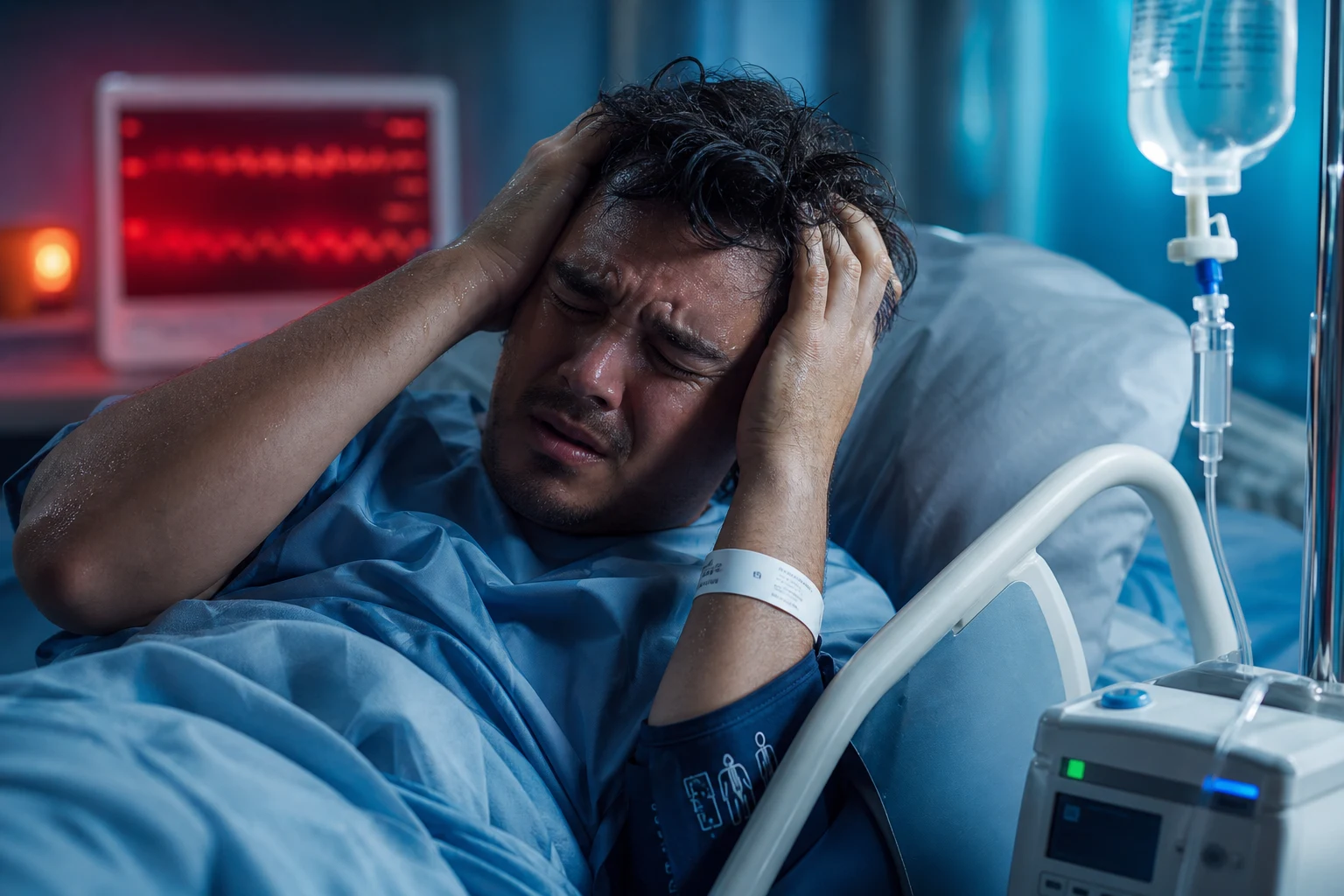 Cinematic ICU scene of a diaphoretic distressed patient clutching the head, a cardiac monitor showing severe hypertension and tachycardia with a red warning glow, an IV antihypertensive running, clinical-blue lighting