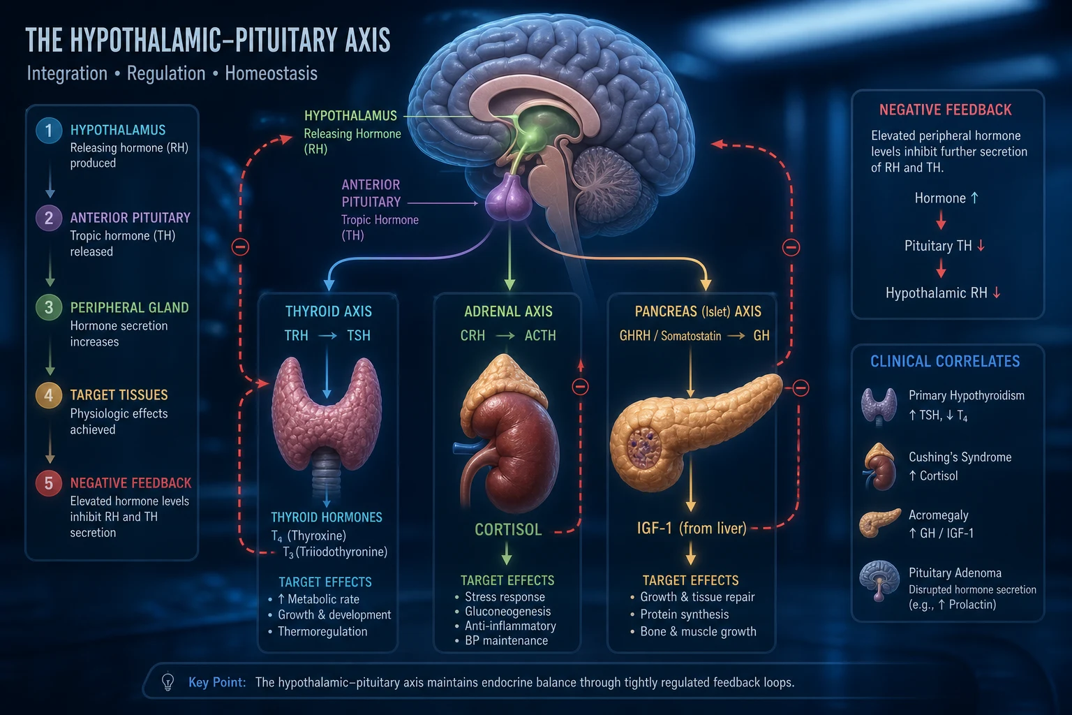 Endocrine physiology diagram showing hypothalamic-pituitary axis, thyroid, adrenal, pancreas, feedback loops, clinical-blue lighting