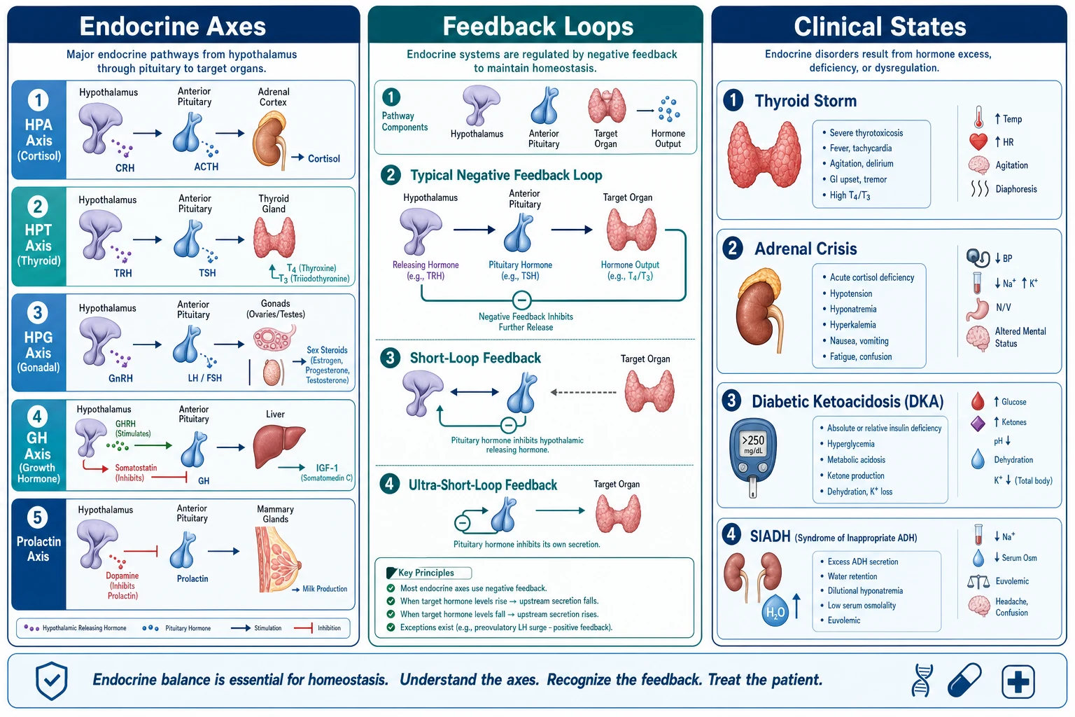 Three-panel: LEFT axes (HPA cortisol, HPT thyroid, HPG gonadal, GH, prolactin); CENTRE feedback (negative feedback loops); RIGHT clinical (thyroid storm, adrenal crisis, DKA, SIADH). Flat vector.