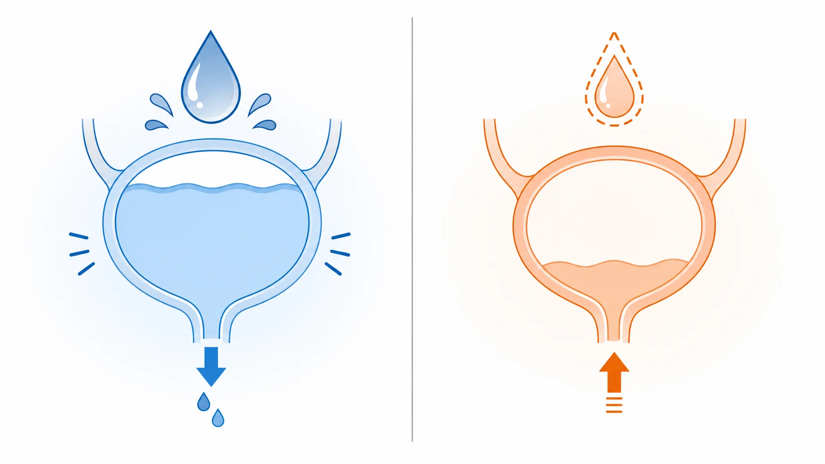 Two side-by-side panels: left cool blue with an overfilling water-drop and down-arrow; right warm orange with a shrinking water-drop and up-arrow, on a white clinical-blue background