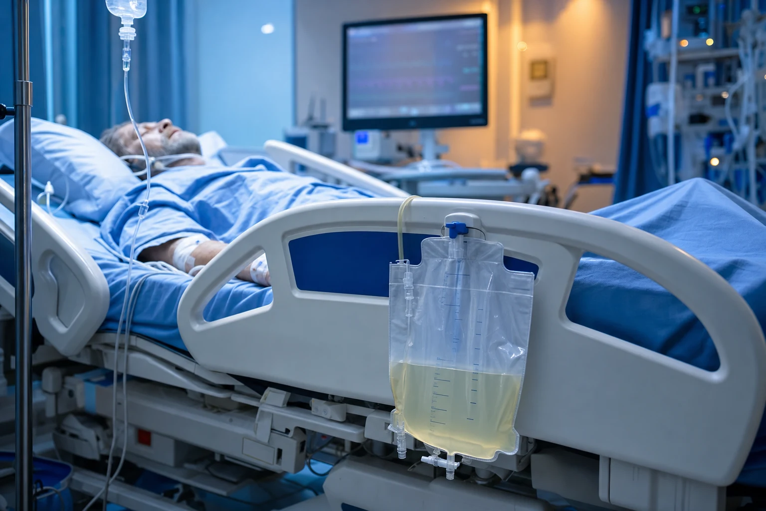 Cinematic ICU scene of a patient with a very full urinary catheter drainage bag of pale dilute urine, an IV fluid line running, vital-signs monitor glowing behind in clinical-blue light