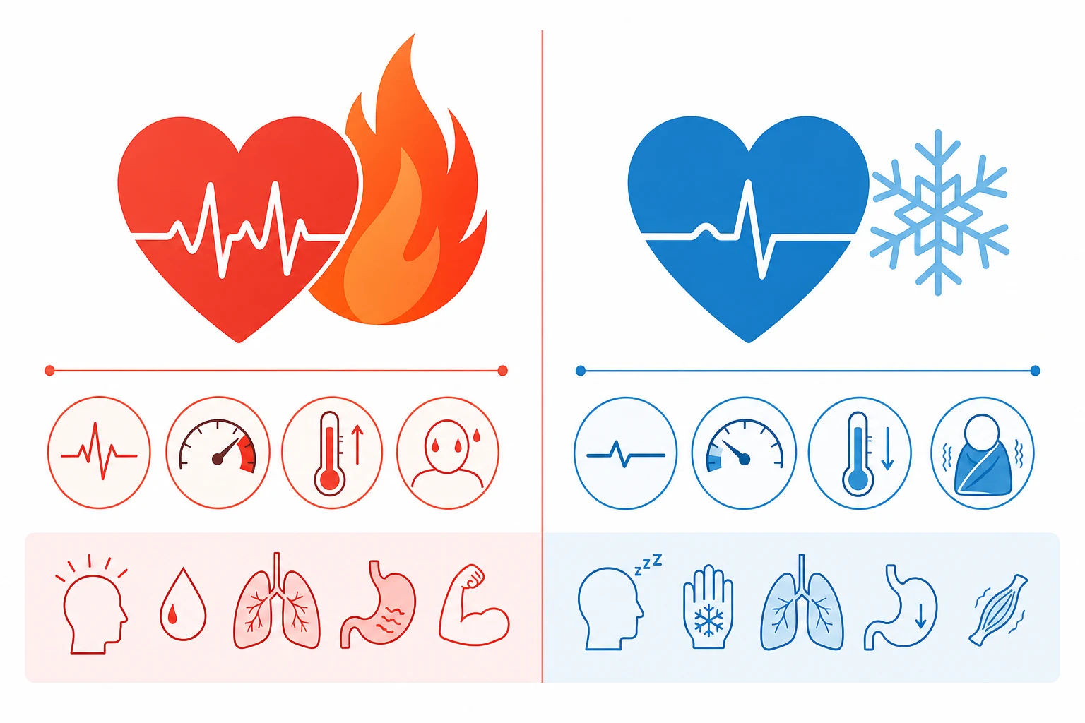 Two side-by-side panels: left warm red-orange with a fast-heartbeat-and-flame icon, right cool blue with a slow-heartbeat-and-snowflake icon, separated by a thin line, on a white clinical-blue background