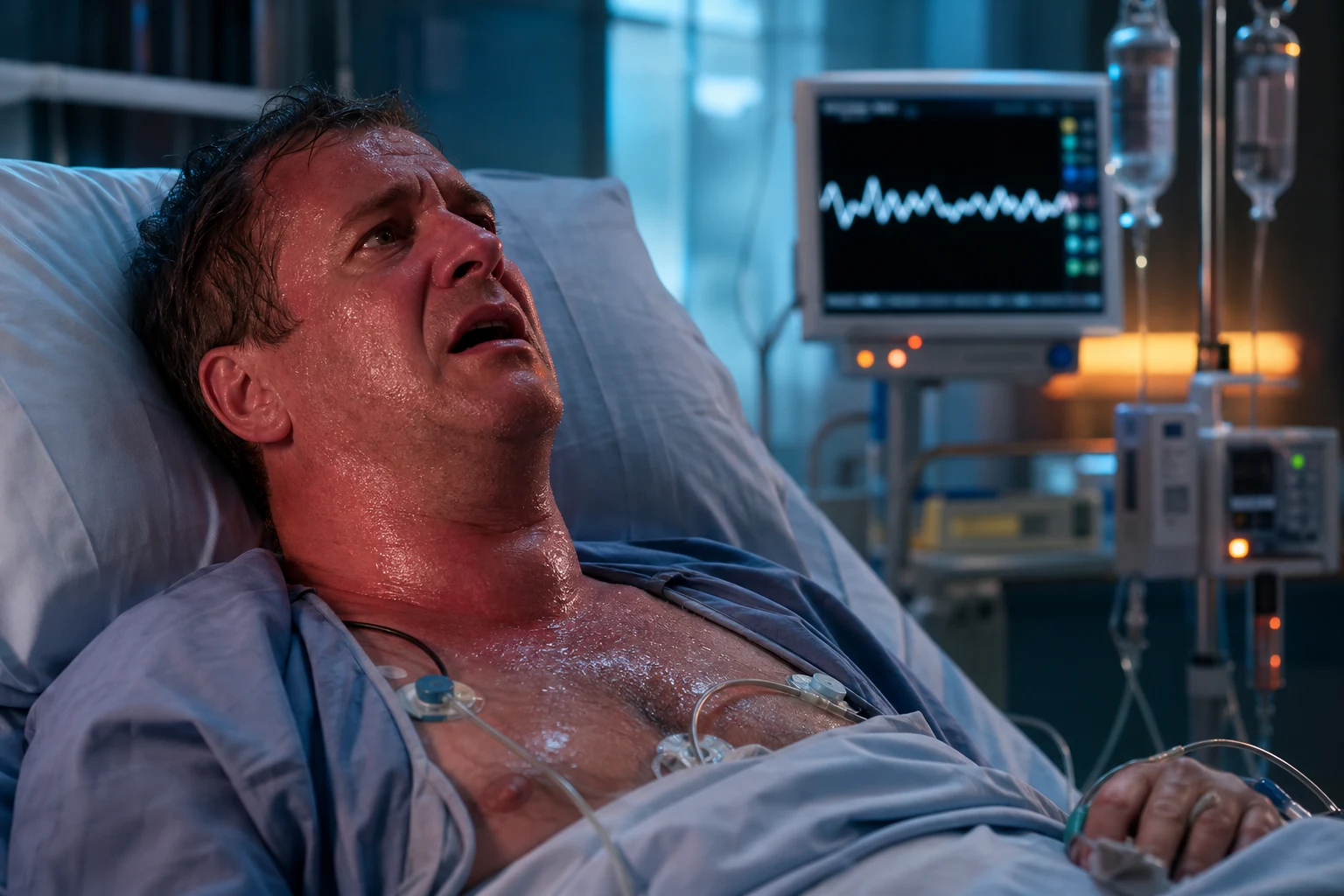 Cinematic ICU scene of an agitated diaphoretic patient with a faint goitre at the neck, a cardiac monitor showing a fast irregular rhythm, a thermometer suggesting fever, IV medications set up, clinical-blue lighting with a faint red heat glow