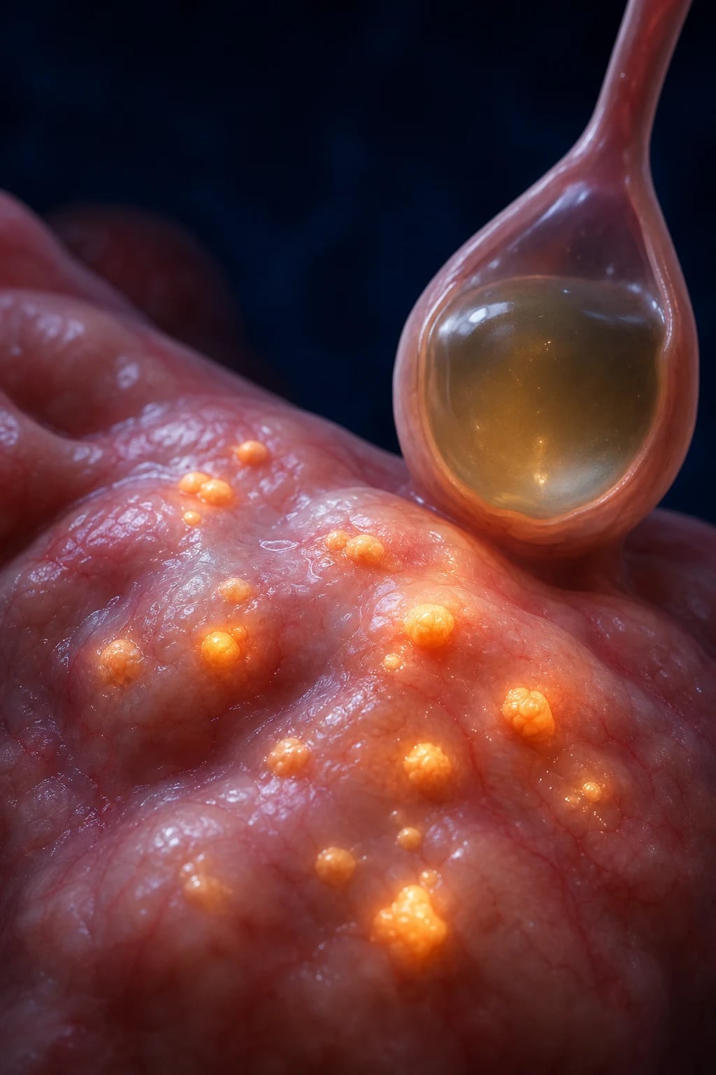 Cinematic 3D close-up of ectopic endometrial implants on the pelvic peritoneum, ovary and uterosacral ligament with surrounding inflammation and adhesions, deep teal background