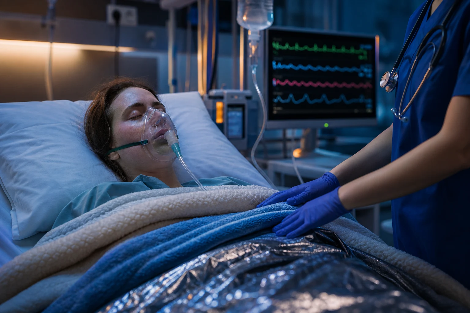 Cinematic ICU scene of a patient being actively warmed with blankets, oxygen mask, cardiac monitor, IV fluids, clinical-blue lighting