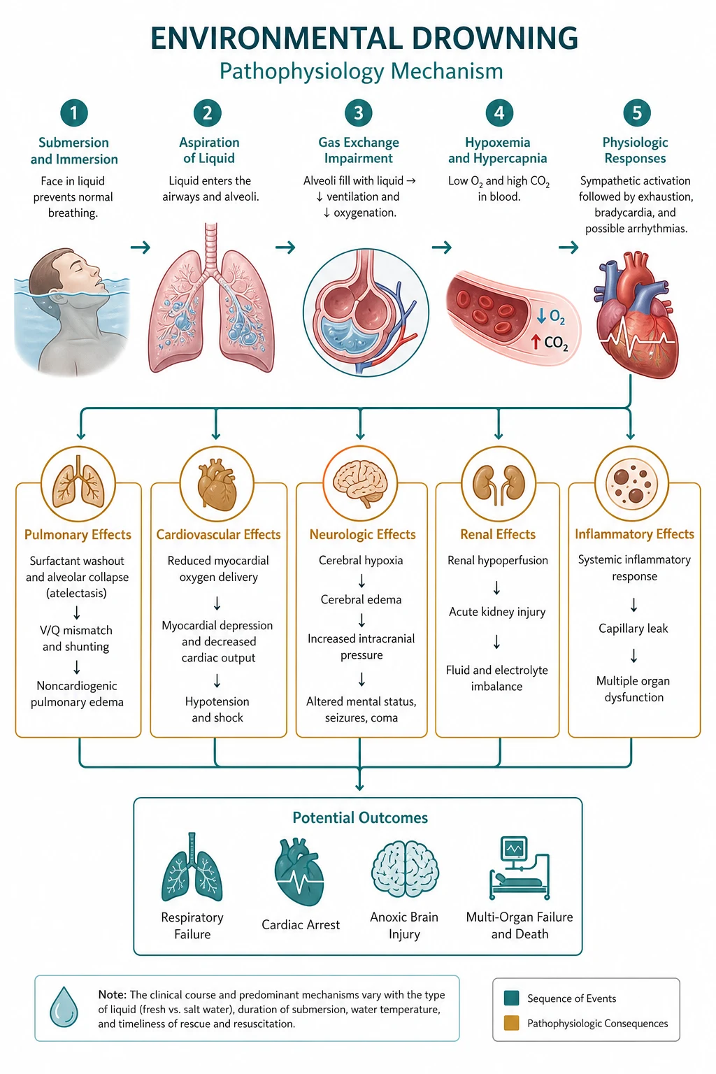 Drowning pathophysiology: laryngospasm, aspiration, surfactant washout, non-cardiogenic oedema and ARDS pathway