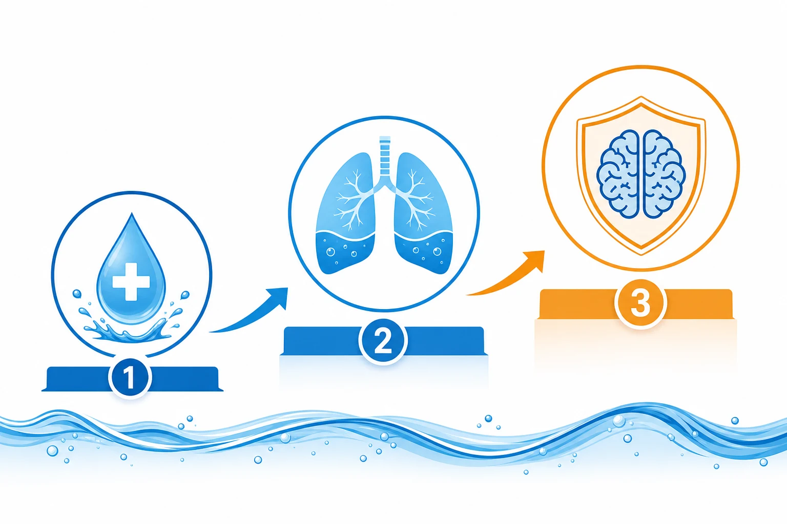 Water-wave line at bottom, three ascending icons above: water droplet (rescue), lung-with-fluid (respiratory support), brain-shield (neuroprotection), on a white clinical-blue background