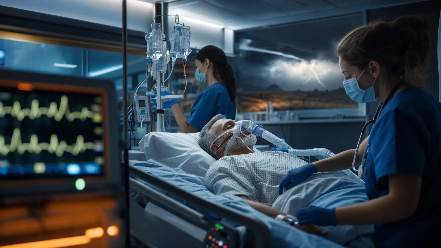 Cinematic ICU scene of a patient receiving care with cardiac monitoring, IV fluids, storm-themed background, clinical-blue lighting