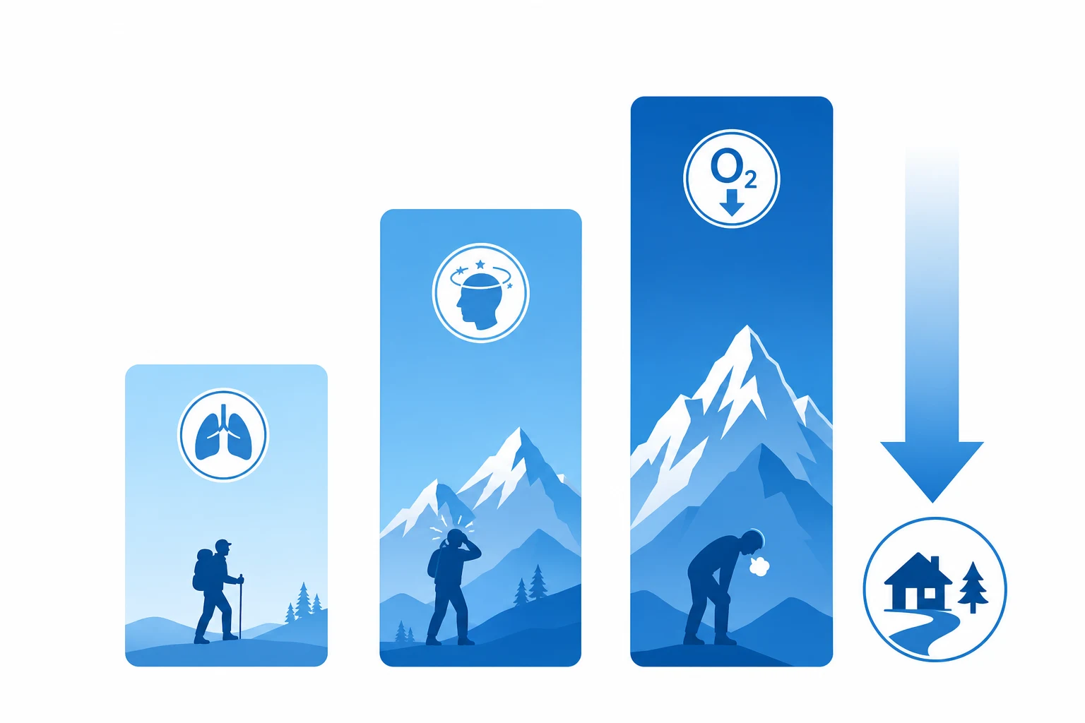 Three ascending blue bars (increasing altitude) with a downward arrow at top right suggesting descent as primary treatment, on a white clinical-blue background